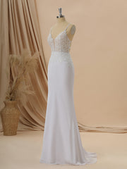 Sheath Satin Chiffon V-neck Appliques Lace Sweep Train Wedding Dress