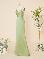 Sheath Satin V-neck Pleated Floor-Length Dress