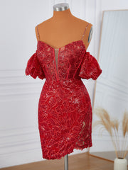 Sheath Short Sleeves Lace Spaghetti Straps Sequin Corset Convertible Short/Mini Dress