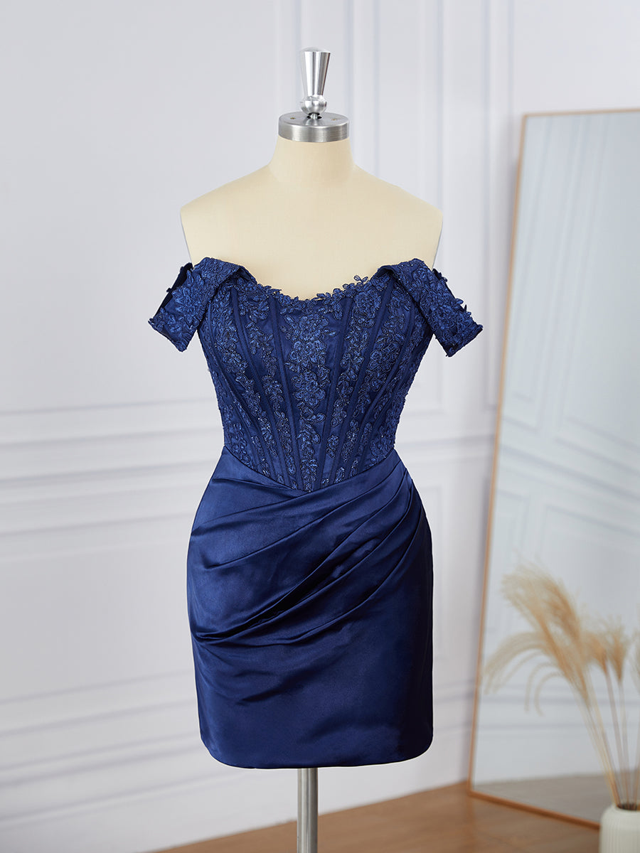 Sheath Silk Like Satin Off-the-Shoulder Appliques Lace Corset Short/Mini Dress