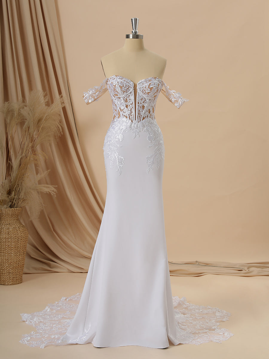 Sheath Stretch Crepe Off-the-Shoulder Appliques Lace Cathedral Train Corset Wedding Dress