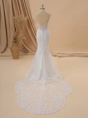 Sheath Stretch Crepe V-neck Appliques Lace Cathedral Train Wedding Dress