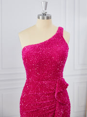 Sheath Velvet Sequins One-Shoulder Ruffles Short/Mini Dress