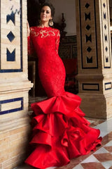 Red Lace Long Sleeves Mermaid Evening Gown With Ruffles Skirt