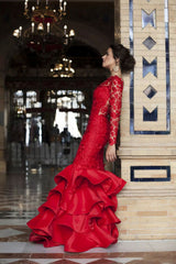 Red Lace Long Sleeves Mermaid Evening Gown With Ruffles Skirt