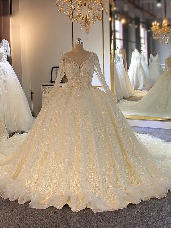 Shinny Long A-line Full Beading Lace-Up Wedding Dresses For Black girls with Sleeves