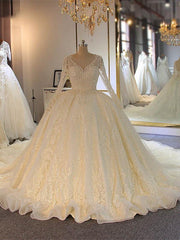 Shinny Long A-line Full Beading Lace-Up Wedding Dresses with Sleeves