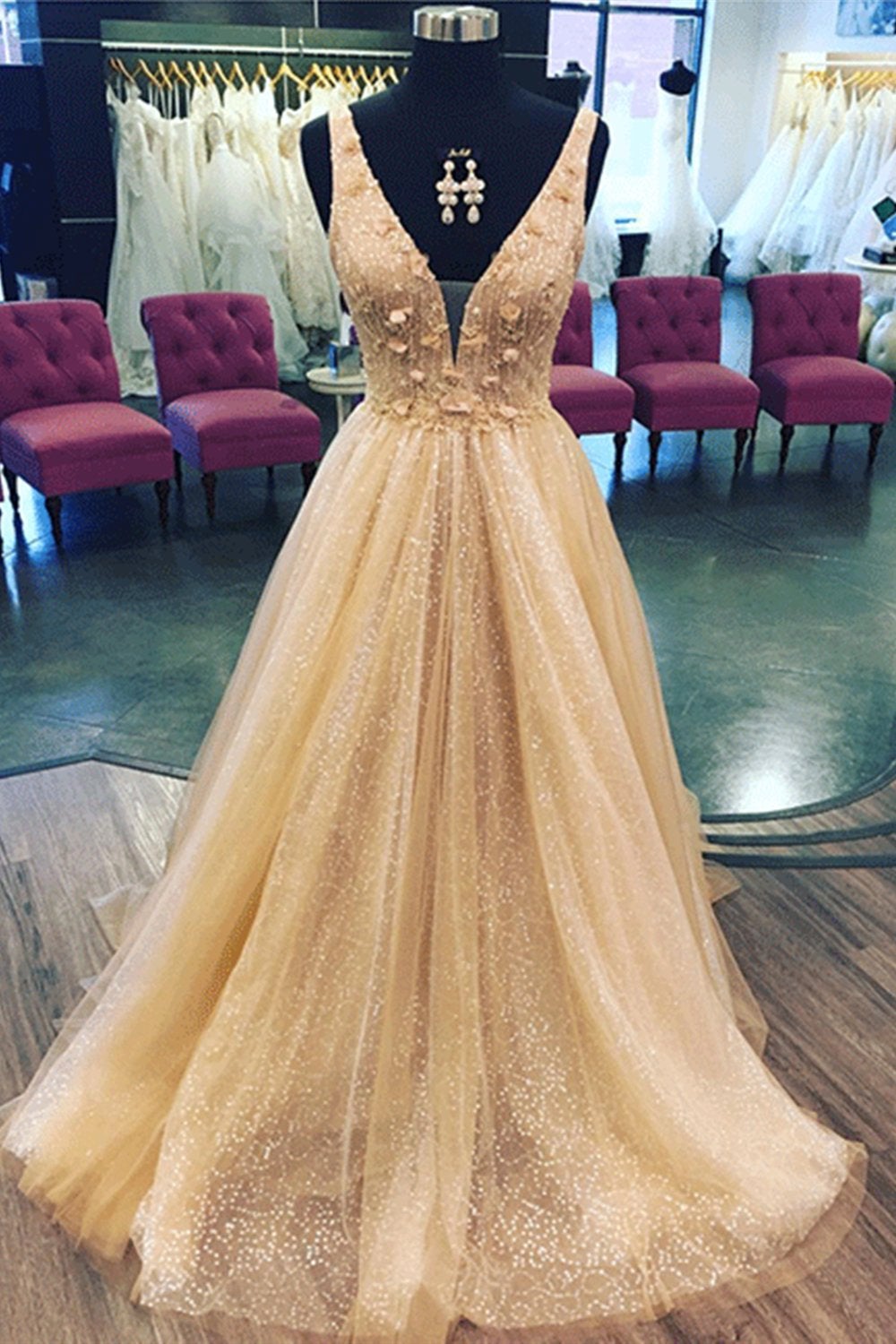 Shiny A Line V Neck Champagne Floral Sequin Long Tulle Prom Dress Outfits For Girls,Wedding Party Dresses