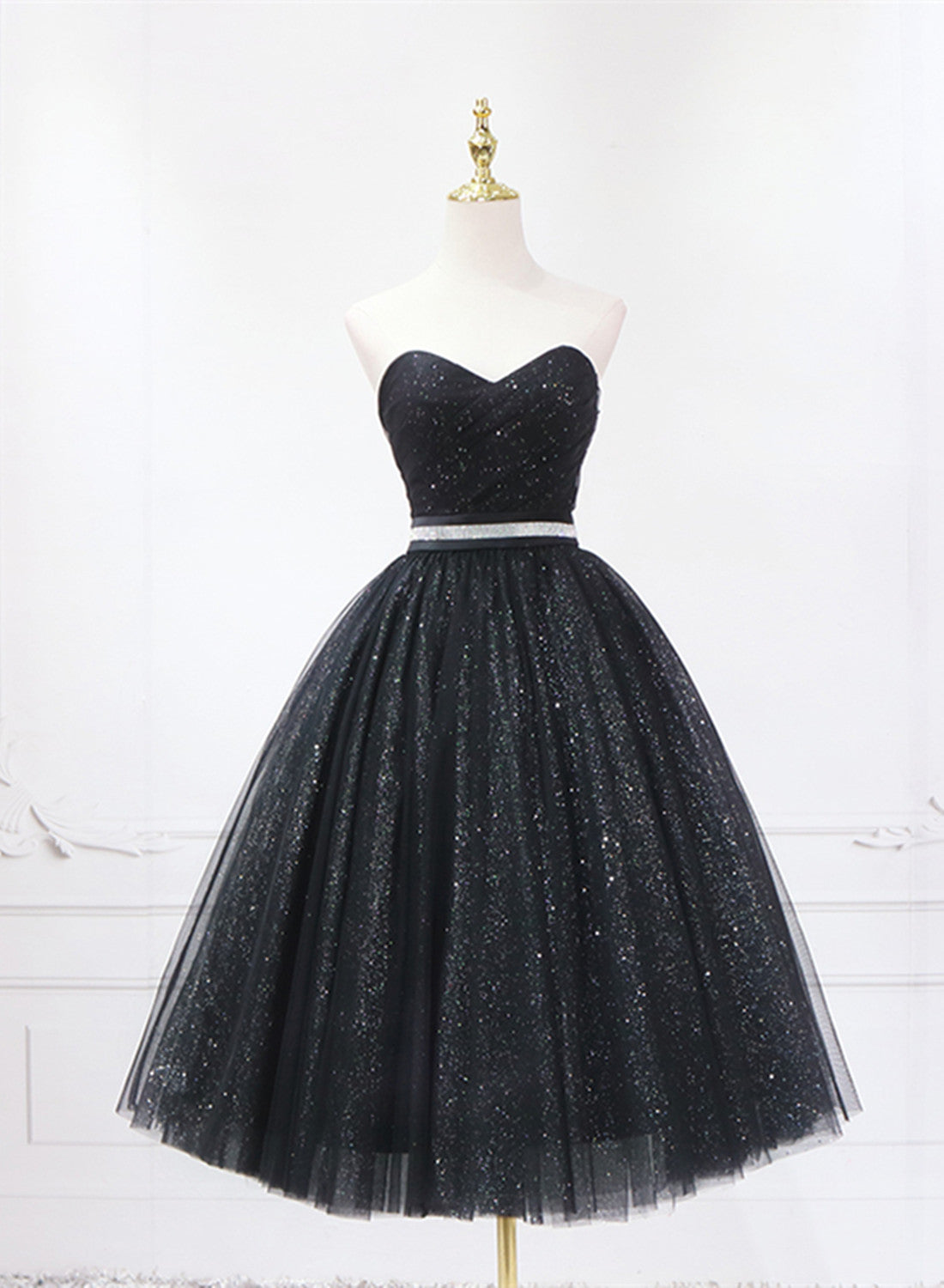 Shiny Black Sweetheart Tea Length Tulle Prom Dress Outfits For Girls, Black Evening Dress Outfits For Women Homecoming Dress