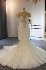 Shiny Crystal High Neck Floral Wedding Dresses Sheer Tulle Sleeveless Mermaid Bridal Gowns