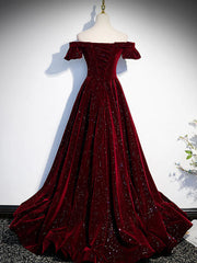 Shiny Off the Shoulder Burgundy Long Prom Dresses For Black girls For Women, Off Shoulder Wine Red Formal Evening Dresses