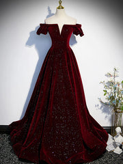 Shiny Off the Shoulder Burgundy Long Prom Dresses For Black girls For Women, Off Shoulder Wine Red Formal Evening Dresses