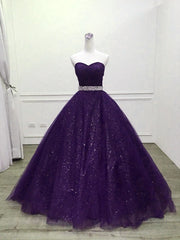 Shiny Purple Tulle Beaded Ball Gonw Party Dress Outfits For Girls, Purple Prom Dresses
