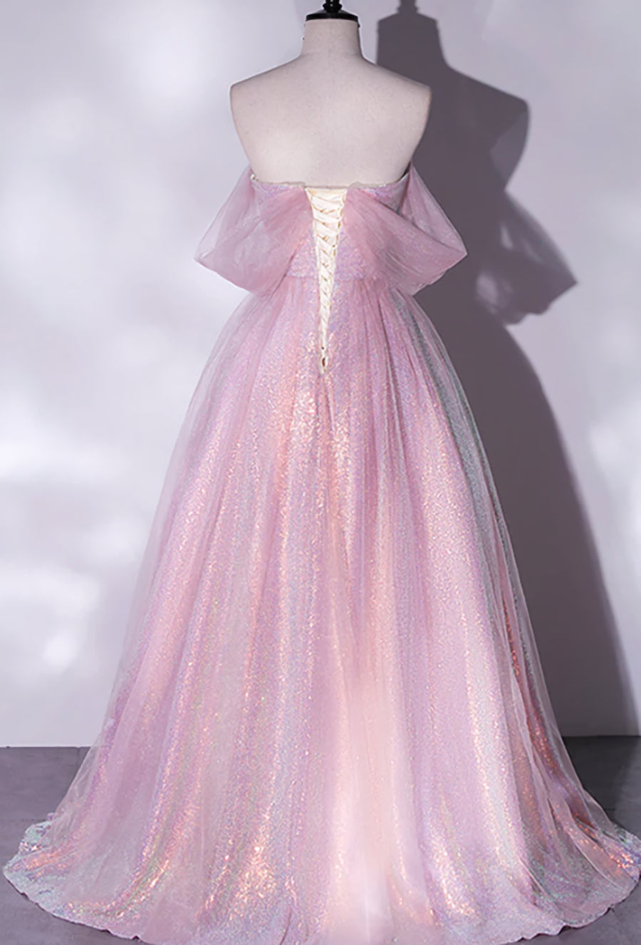 Shiny tulle sequins long pink prom dress A-line evening dress