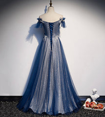 Shiny tulle sequins long prom dress blue evening dress