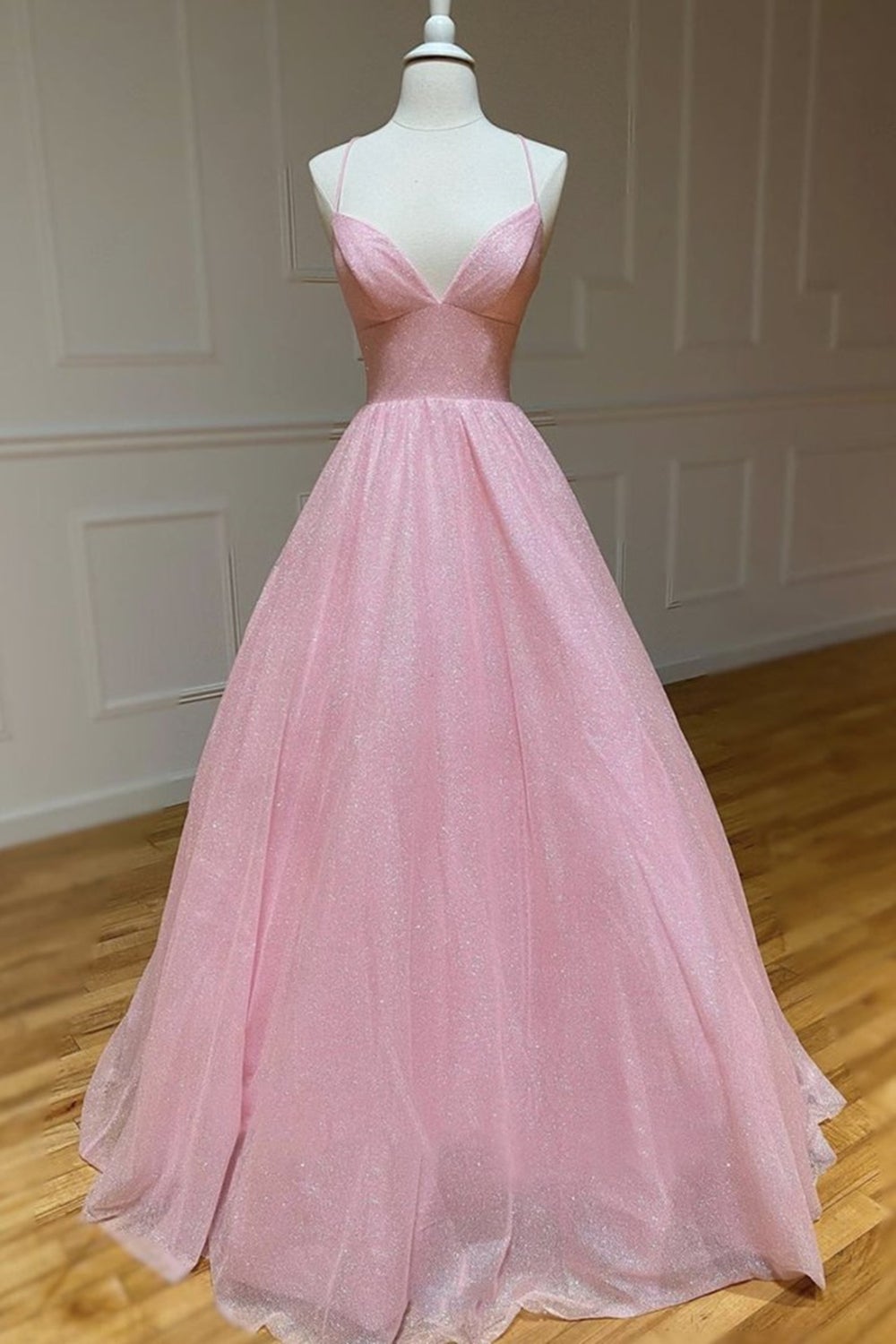 Shiny V Neck Backless Pink Long Prom Dress Outfits For Girls, Formal Graduation Evening Dresses