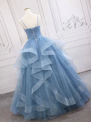 Shiny V Neck Blue Prom Dresses For Black girls For Women, Shiny V Neck Blue Formal Evening Dresses