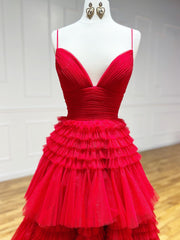 Shiny V Neck Red High Low Prom Dresses For Black girls For Women, V Neck High Low Red Formal Evening Dresses
