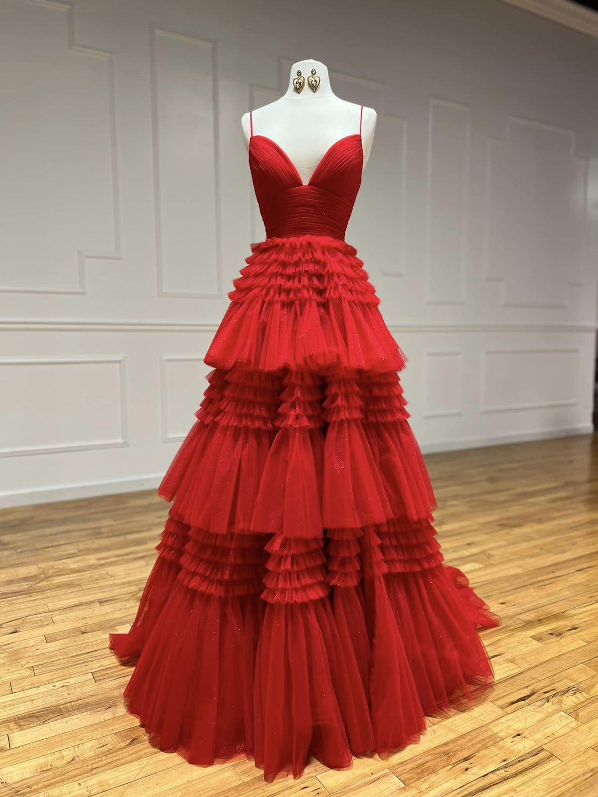 Shiny V Neck Red High Low Prom Dresses For Black girls For Women, V Neck High Low Red Formal Evening Dresses