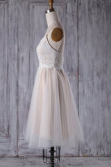 Short A-line Spaghetti Strap Lace Tulle Wedding Dress