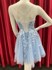 Short Backless Blue Lace Prom Dresses For Black girls For Women, Short Open Back Blue Lace Formal Homecoming Dresses
