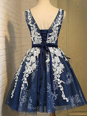 Short Dark Navy Blue Prom Dress Outfits For Women with White Lace, Short Dark Navy Blue Graduation Homecoming Dresses