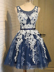 Short Dark Navy Blue Prom Dress Outfits For Women with White Lace, Short Dark Navy Blue Graduation Homecoming Dresses