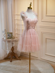 Short Pink Floral Prom Dresses For Black girls For Women, Short Pink Tulle Floral Formal Homecoming Dresses