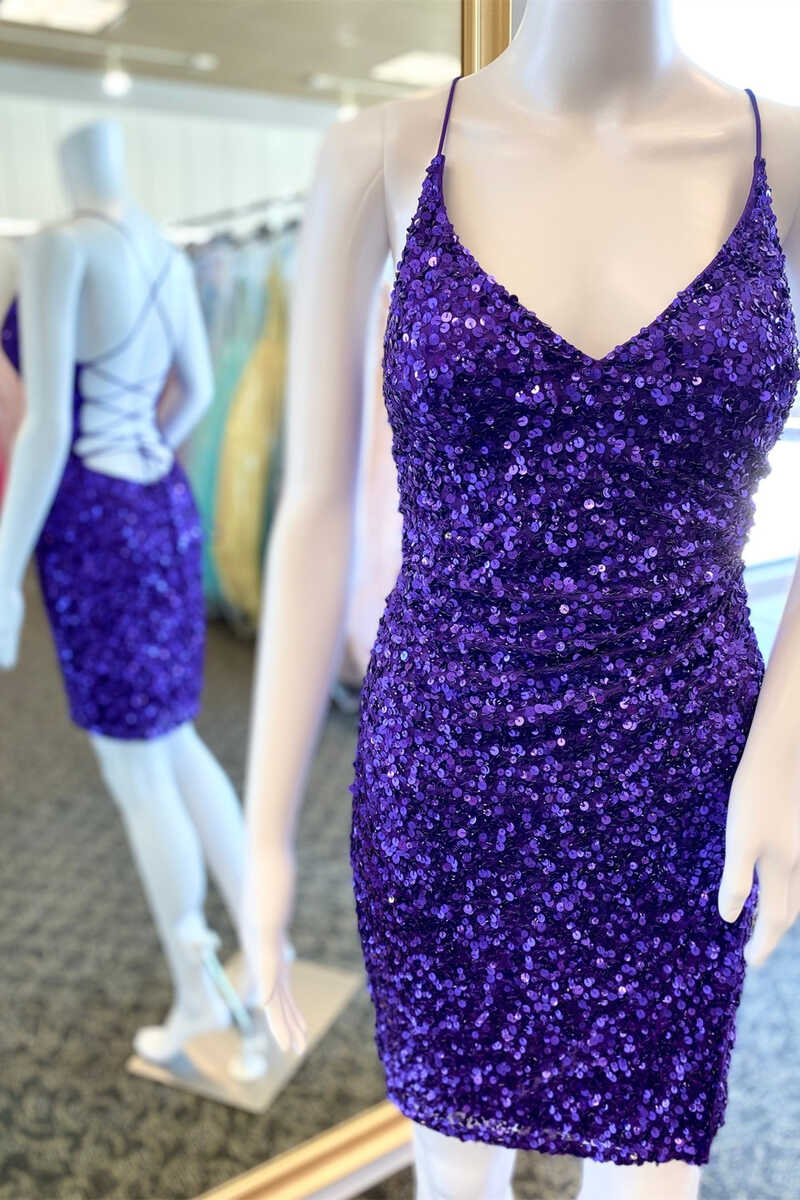 Short Purple Sequined V-Neck Party Dress Outfits For Women Homecoming Dresses