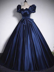 Short Sleeves Dark Blue Long Prom Dresses For Black girls For Women, Dark Blue Short Sleeves Long Formal Evening Dresses