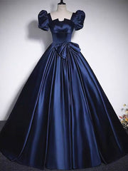 Short Sleeves Dark Blue Long Prom Dresses For Black girls For Women, Dark Blue Short Sleeves Long Formal Evening Dresses