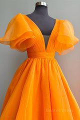 Short Sleeves Orange Long Prom Dresses, Orange Long Formal Evening Dresses