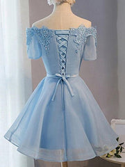 Short Sleeves Short Blue Prom Dresses For Black girls with Lace-up, Short Blue Homecoming Graduation Dresses