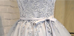 Short Sleeves Silver Gray Lace Prom Dresses For Black girls For Women, Lace Graduation Homecoming Dresses