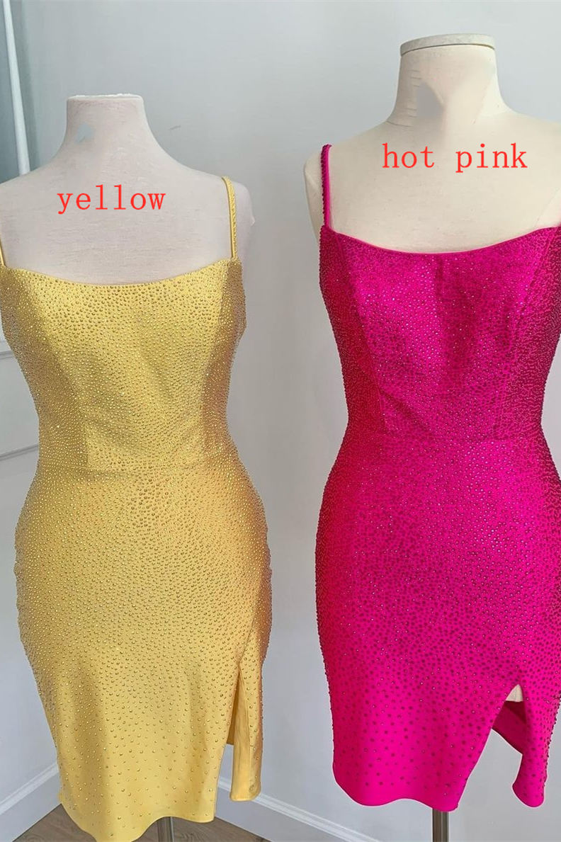 Short Tight Yellow Homecoming Dress Outfits For Girls,Crystal Beaded Semi Formal Dresses