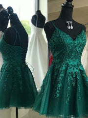 Short V Neck Dark Green Lace Prom Dresses For Black girls For Women, Short Dark Green Lace Graduation Homecoming Dresses