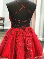 Short V Neck Red Lace Prom Dresses For Black girls For Women, V Neck Short Red Lace Graduation Homecoming Dresses