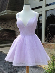 Short V Neck Shiny Purple Prom Dresses For Black girls For Women, Shiny V Neck Short Purple Graduation Homecoming Dresses