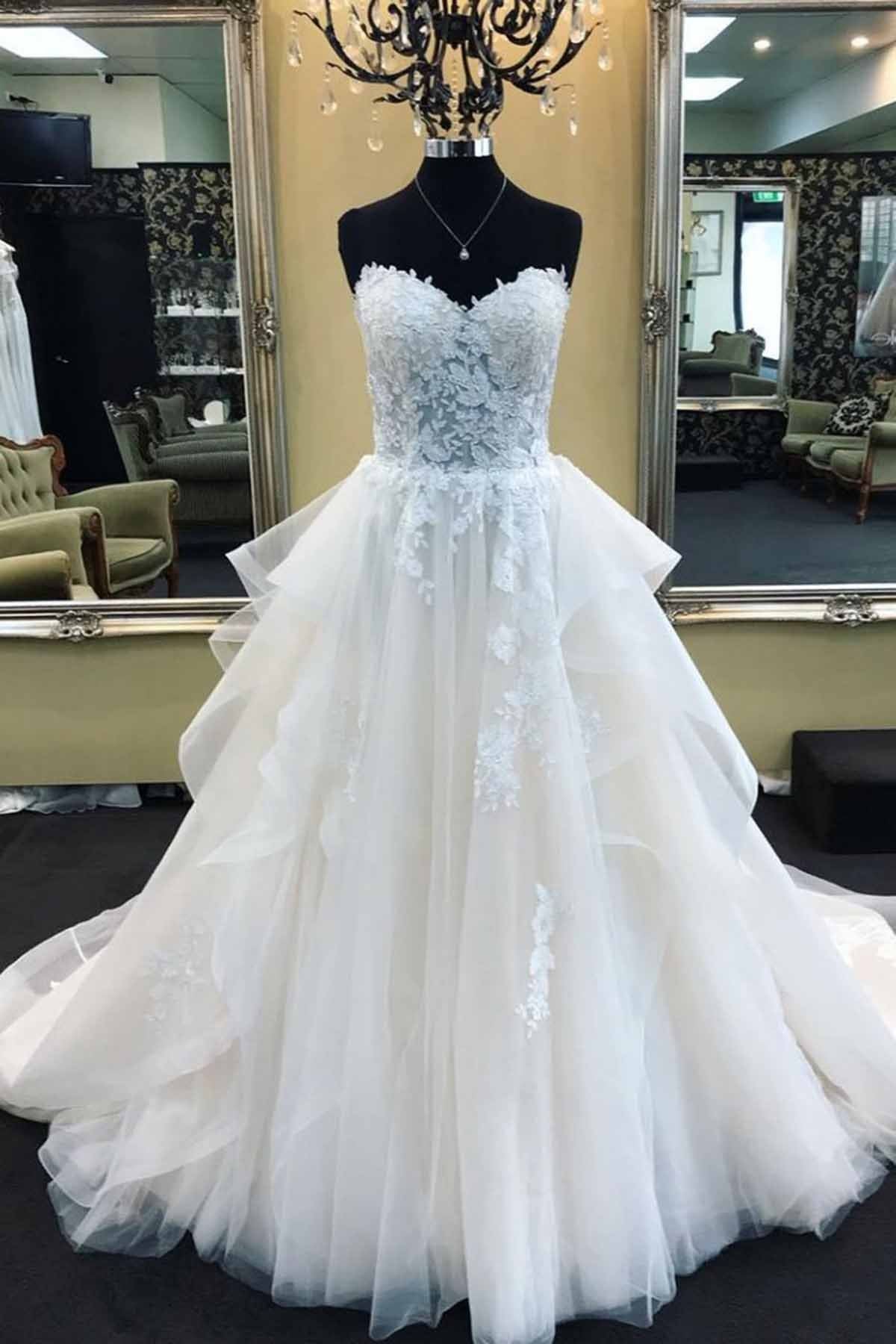 ShowprettyDress Outfits For Women Long A-Line Strapless Lace Tulle Wedding Dress