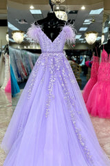 Lavender Appliques Feather Off-the-Shoulder A-Line Prom Gown