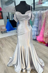 Silver Cold Sleeves Beaded Ruched Mermaid Prom Dress