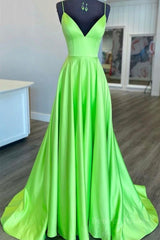 Simple A Line V Neck Green Satin Long Prom Dress, V Neck Green Formal Graduation Evening Dress