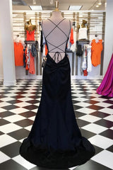 Simple Black Satin Sheath Spaghetti Straps Long Prom Dresses For Black girls For Women, Evening Gown