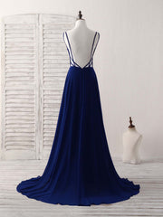 Simple Blue Chiffon Long Prom Dress Outfits For Women Backless Blue Evening Dress