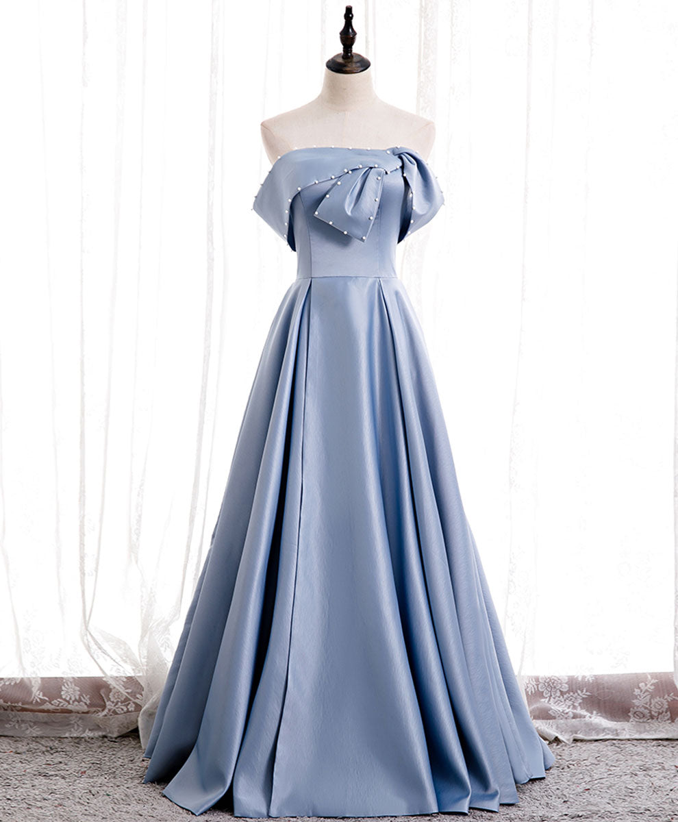 Simple Blue Off Shoulder Satin Long Prom Dress Outfits For Women Blue Bridesmaid Dress