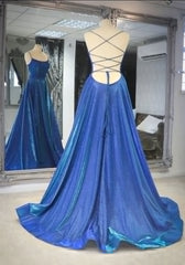 Simple blue satin long prom Dress Outfits For Girls, blue backless long evening dress
