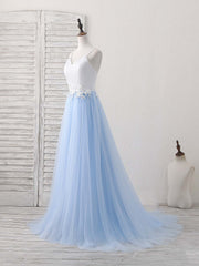 Simple Blue Tulle Long Prom Dress Outfits For Girls, Blue Tulle Evening Dress