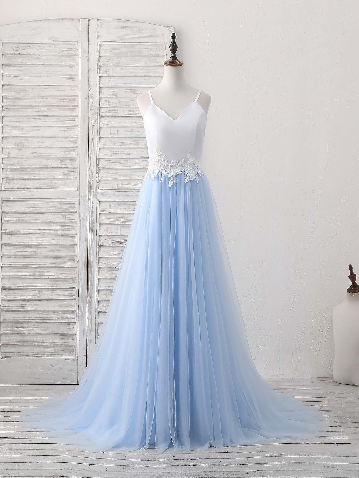 Simple Blue Tulle Long Prom Dress Outfits For Girls, Blue Tulle Evening Dress