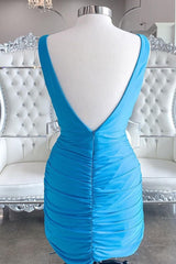 Simple Blue V Neck Bodycon Mini Dress Outfits For Women Party Gowns