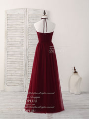 Simple Burgundy Tulle Long Prom Dress Outfits For Girls, Burgundy Bridesmaid Dress